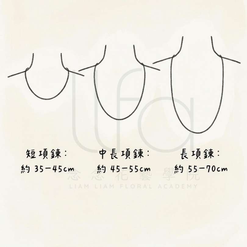 關於LLFA念念花藝學院的珠寶花課程，展示珠寶花首飾項錬的長度