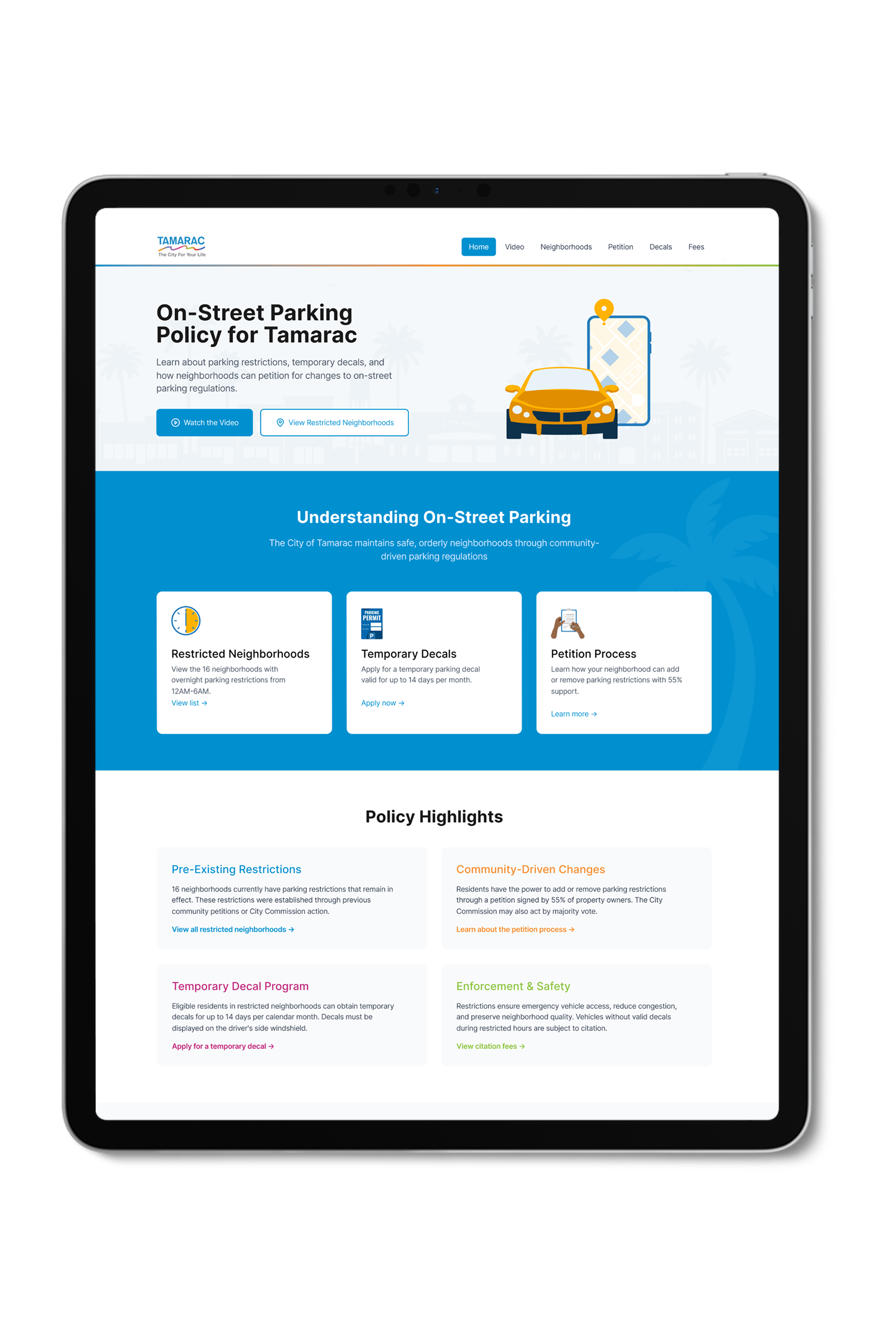 Screenshot of the Tamarac on-street parking website hub