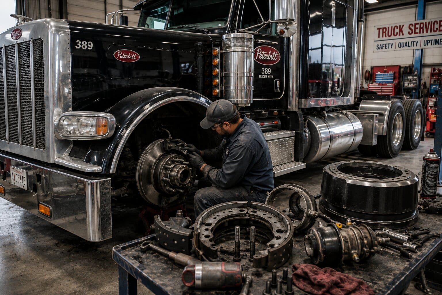 Commercial truck brake system repair on Peterbilt 389 semi truck