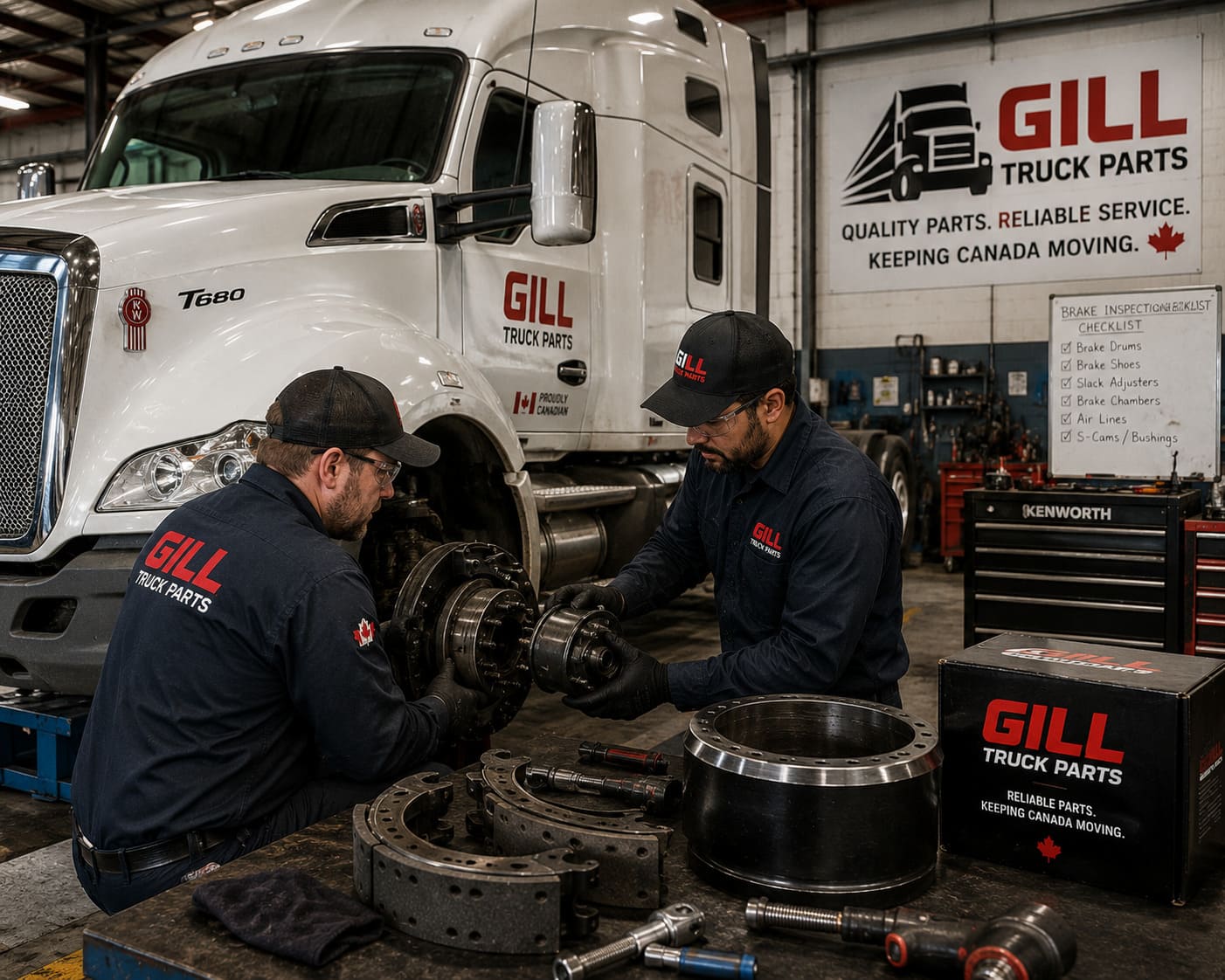 Fleet maintenance team checking brake components on Kenworth T680