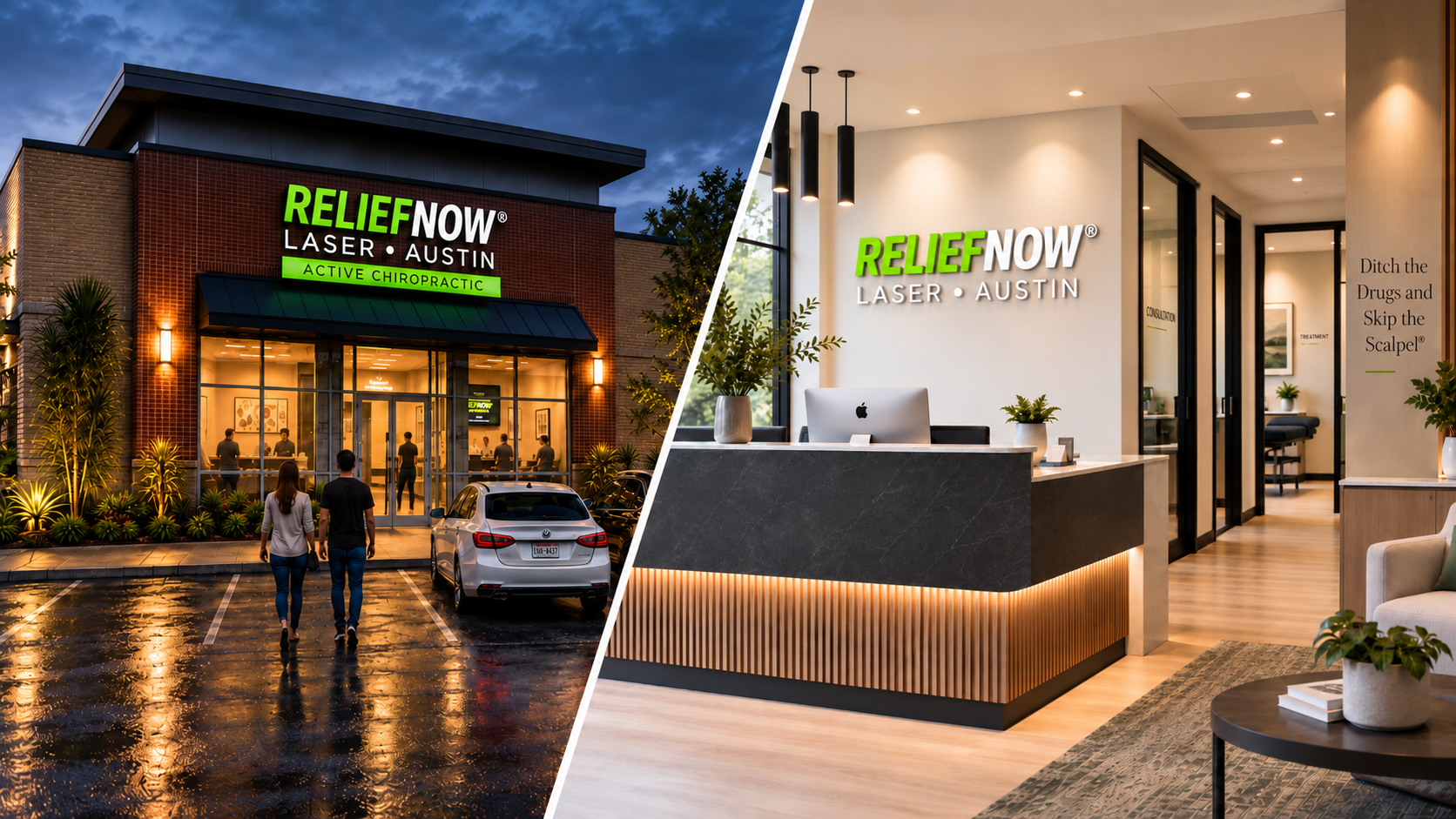 Exterior signage reading ReliefNow&reg; Laser Austin above Active Chiropractic, and the ReliefNow&reg; reception wall inside the same building.