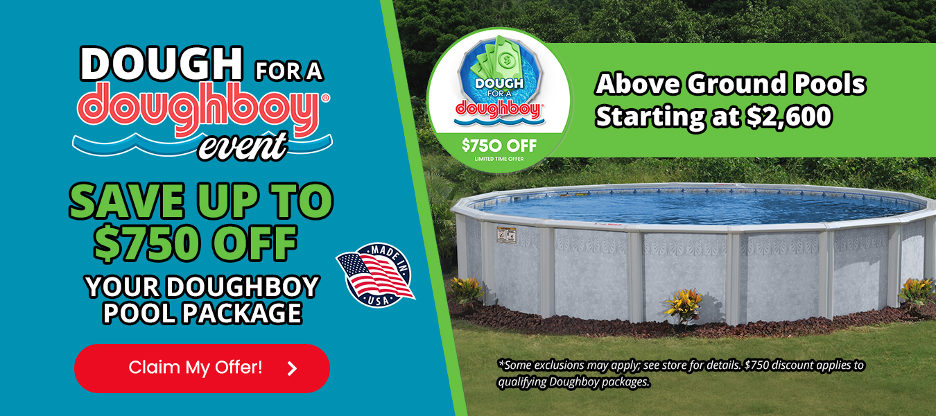 Above-ground backyard swimming pool with ladder, featuring 25% off and $1,000 in free upgrade offers