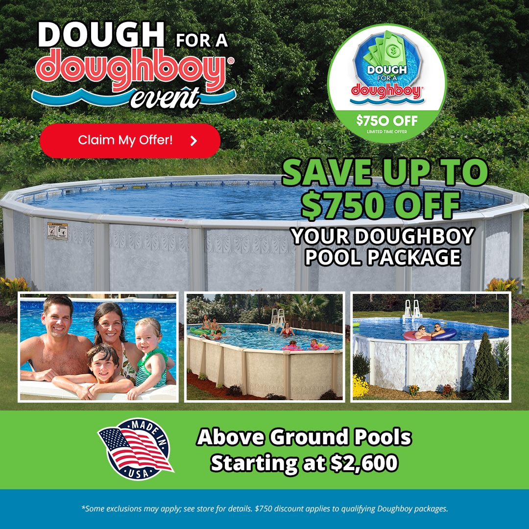 Above-ground backyard swimming pool with ladder, featuring 25% off and $1,000 in free upgrade offers