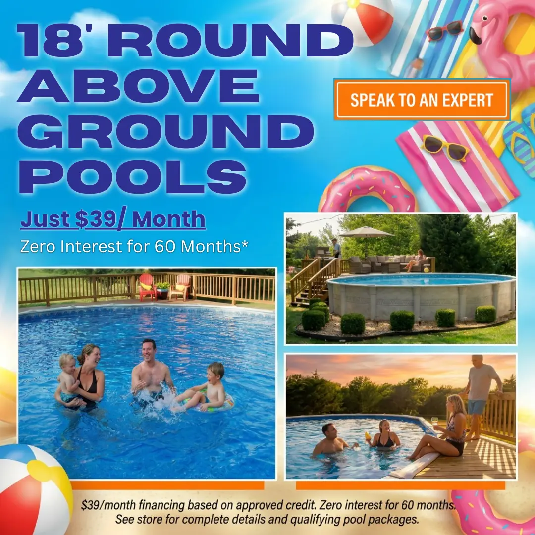 18-foot round above ground pools promotion with family pool photos, zero interest for 60 months, and financing starting at $39 per month.