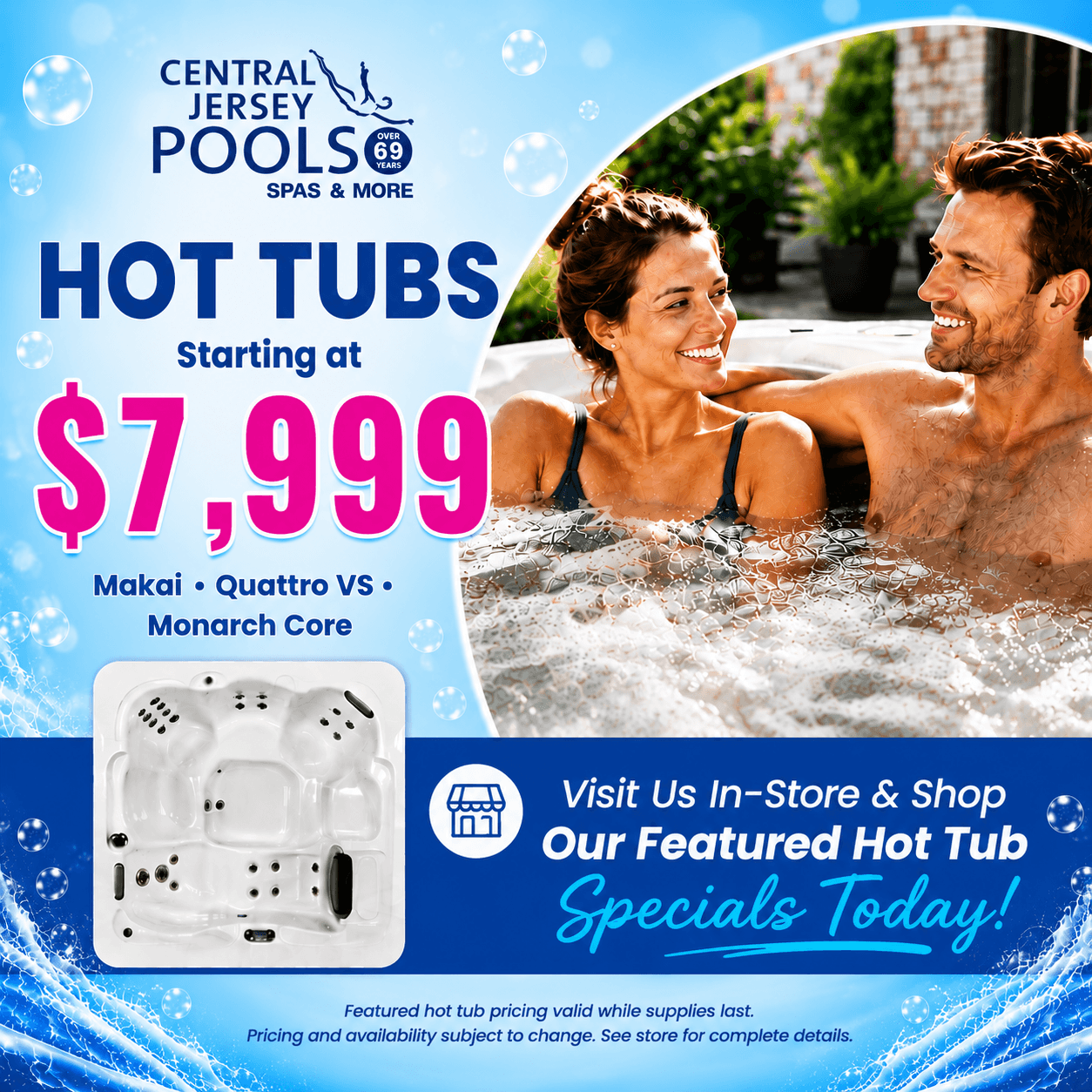Couple relaxing together in a bubbling outdoor hot tub at night, highlighting a hot tub sale starting at $9,995 with a bonus package valued at $2,500 and free accessories included.