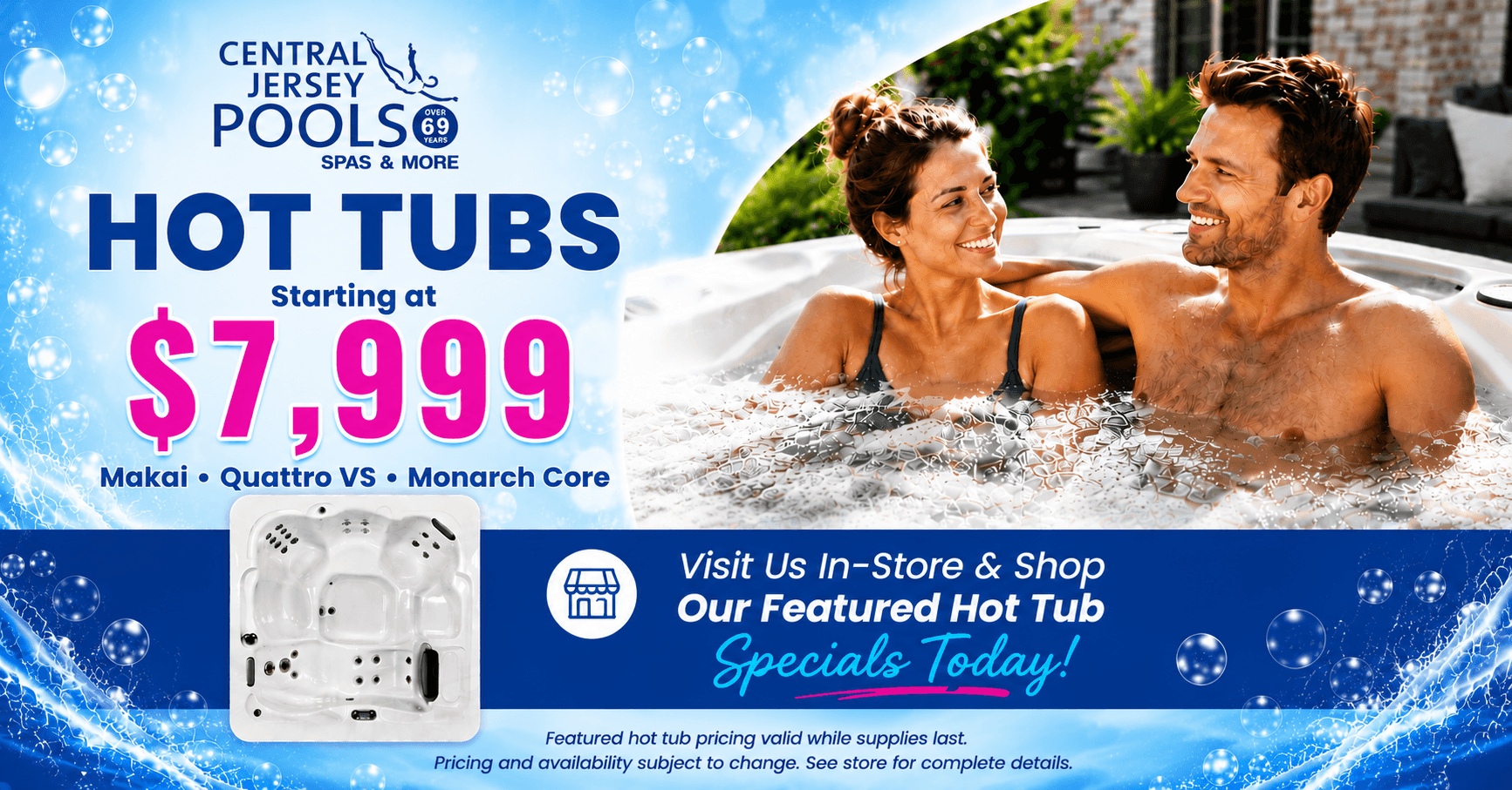 Couple relaxing together in a bubbling outdoor hot tub at night, highlighting a hot tub sale starting at $9,995 with a bonus package valued at $2,500 and free accessories included.
