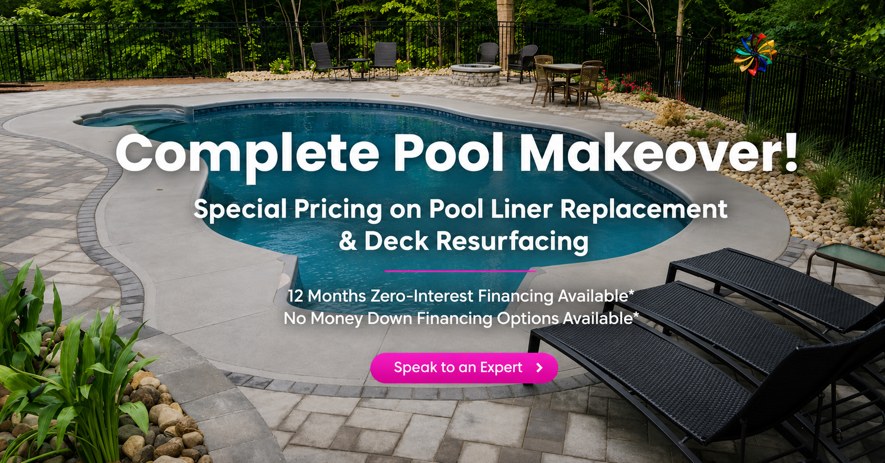 Modern backyard pool renovation with updated design and features, highlighting pool remodeling services starting at $9,995