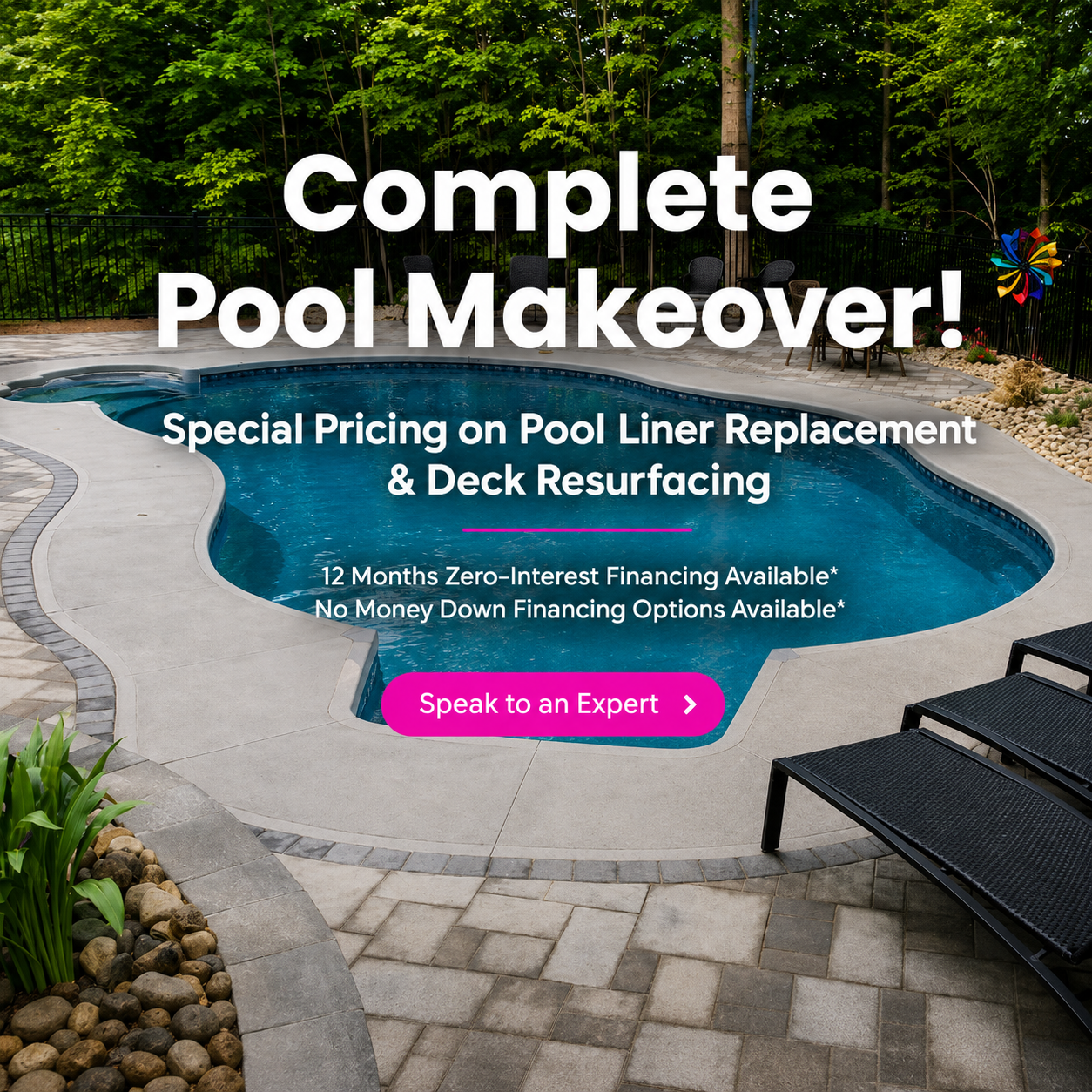 Modern backyard pool renovation with updated design and features, highlighting pool remodeling services starting at $9,995