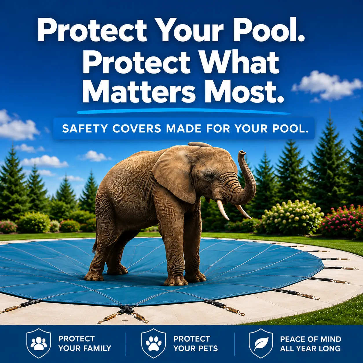 Elephant standing on a blue safety cover over a swimming pool with the message “Protect Your Pool. Protect What Matters Most.