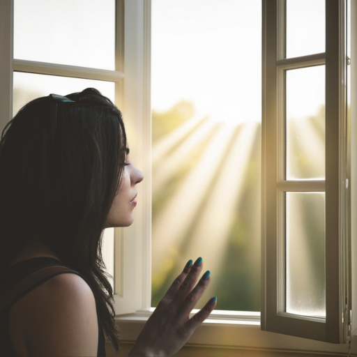 Woman looking out window into sunlight, symbolizing shift from scarcity mindset to abundance thinking Woman looking out window into sunlight, symbolizing shift from scarcity mindset to abundance thinking