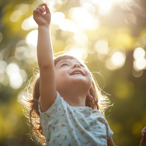 Child reaching upward with natural light Child reaching upward with natural light