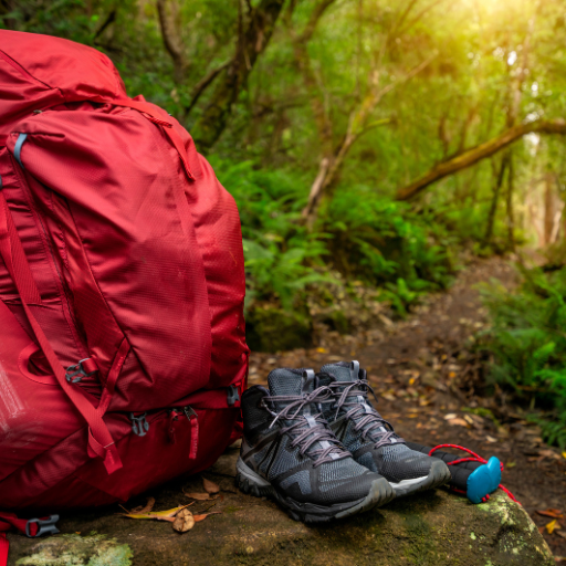 Backpacking gear including hiking backpack, trail shoes, and trekking poles for a wilderness hiking trip.