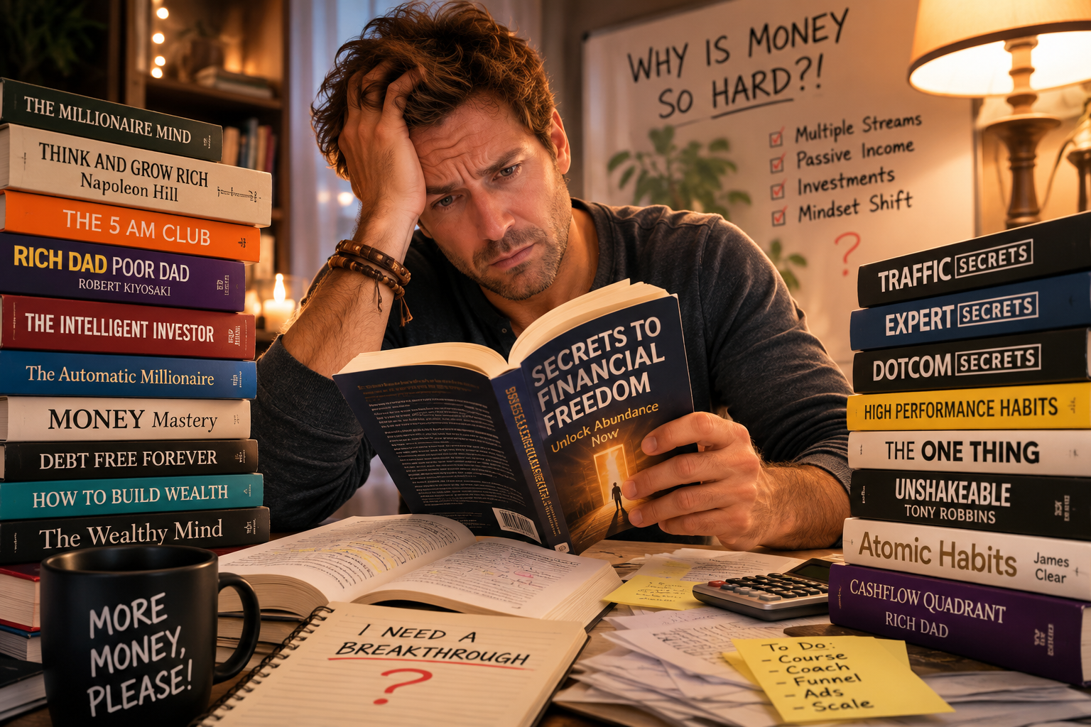 A man stressed about money reading books