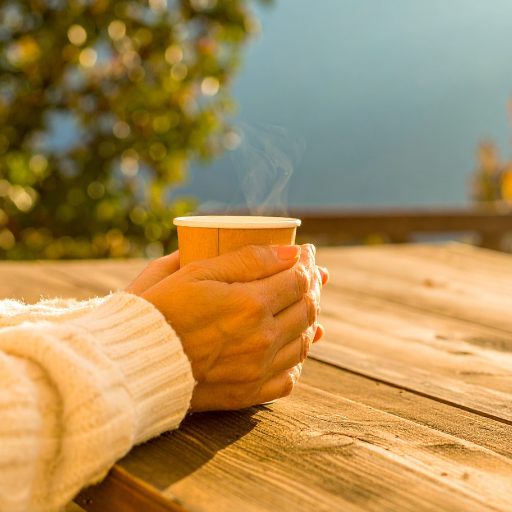 Hands holding a steaming cup of coffee at an outdoor wooden table in warm sunlight.