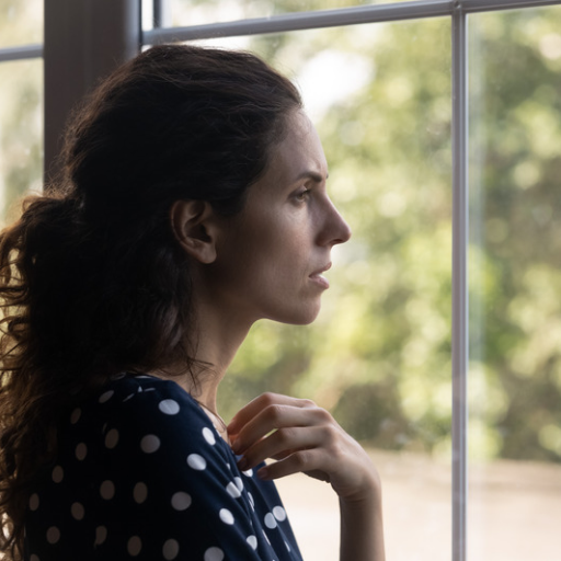 Woman gazing thoughtfully out a window, with her hand resting near her chin and soft natural light illuminating her face. Woman gazing thoughtfully out a window, with her hand resting near her chin and soft natural light illuminating her face.