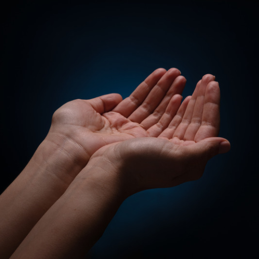 Two hands held open with palms facing upward against a dark blue background, symbolizing release and acceptance. Two hands held open with palms facing upward against a dark blue background, symbolizing release and acceptance.