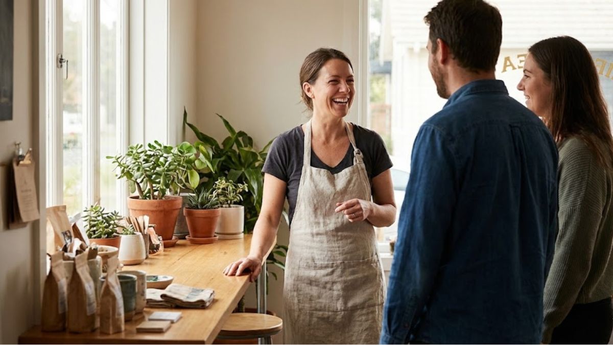 Small business owner interacting with customers in a bright, modern community shop. Small business owner interacting with customers in a bright, modern community shop.