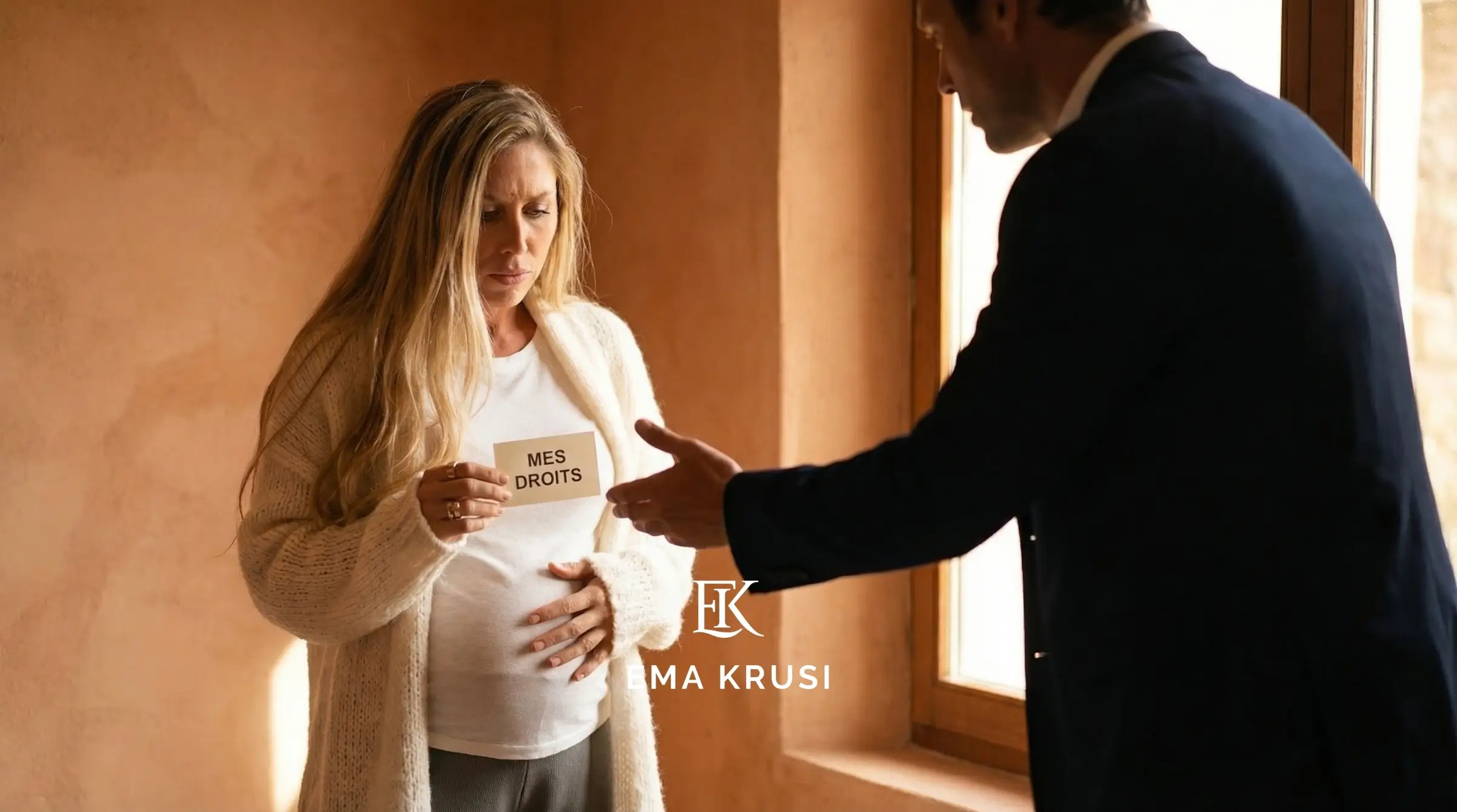 Femme enceinte tenant une carte “MES DROITS” face à un homme en costume qui tend la main, scène de pression et de refus près d’une fenêtre. Femme enceinte tenant une carte “MES DROITS” face à un homme en costume qui tend la main, scène de pression et de refus près d’une fenêtre.