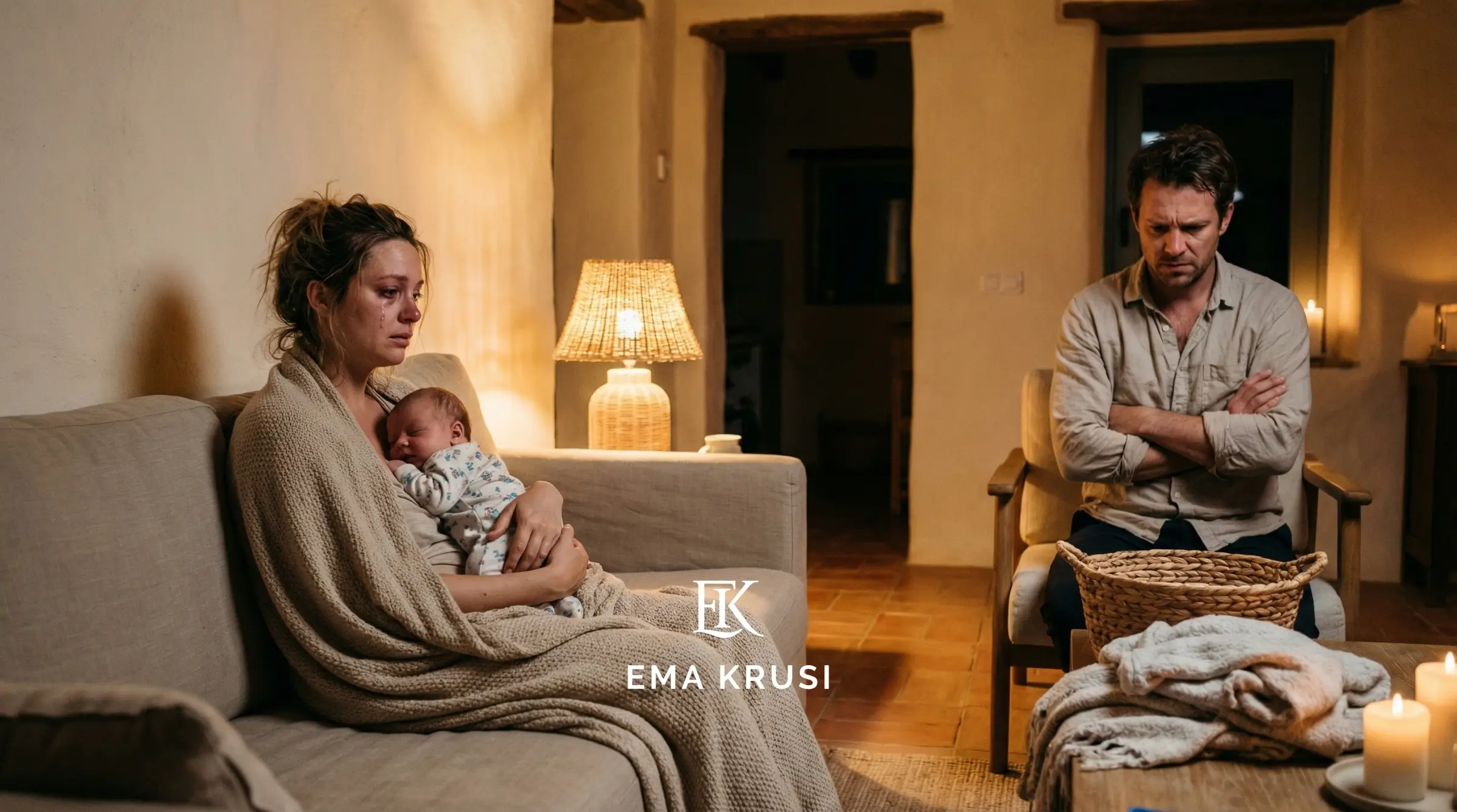 Jeune mère épuisée en larmes tenant un nouveau-né sur un canapé, père assis à distance bras croisés, tension en post-partum à la maison. Jeune mère épuisée en larmes tenant un nouveau-né sur un canapé, père assis à distance bras croisés, tension en post-partum à la maison.
