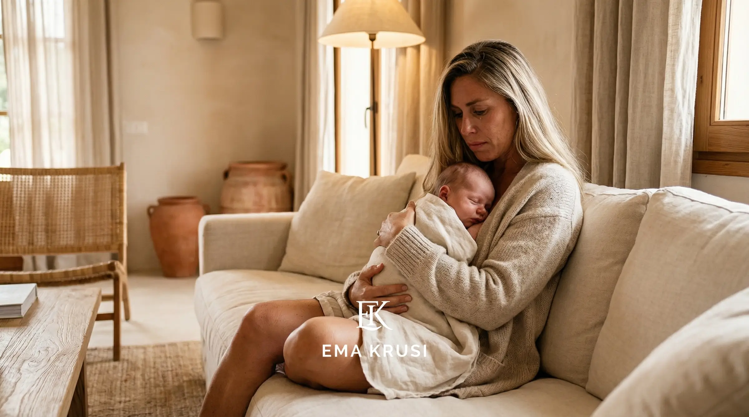 Mère assise sur un canapé, tenant un nouveau-né endormi contre sa poitrine, expression émue, intérieur apaisant.
