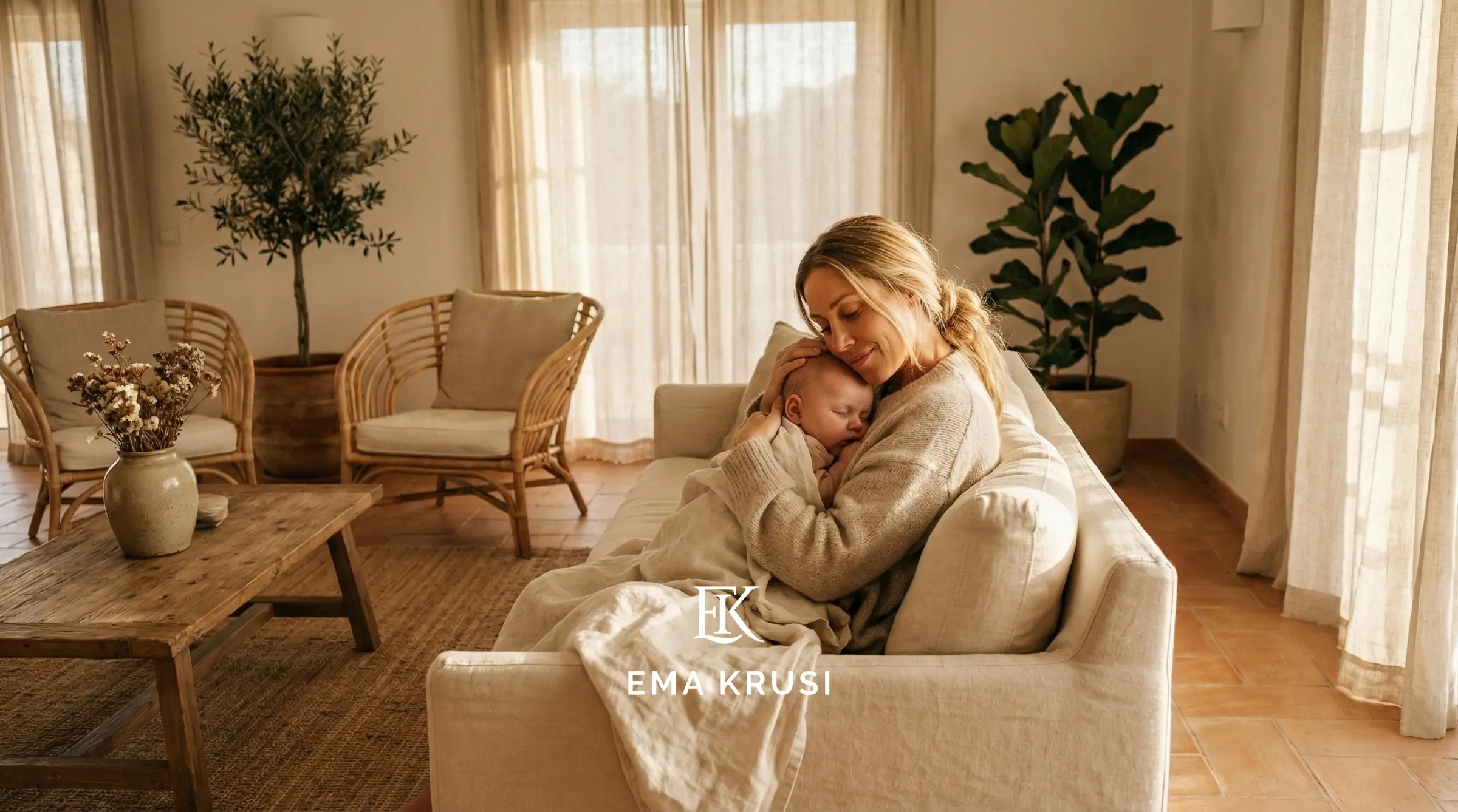 Maman sur un canapé, berçant son bébé contre elle, lumière dorée et intérieur chaleureux, moment calme en post-partum.