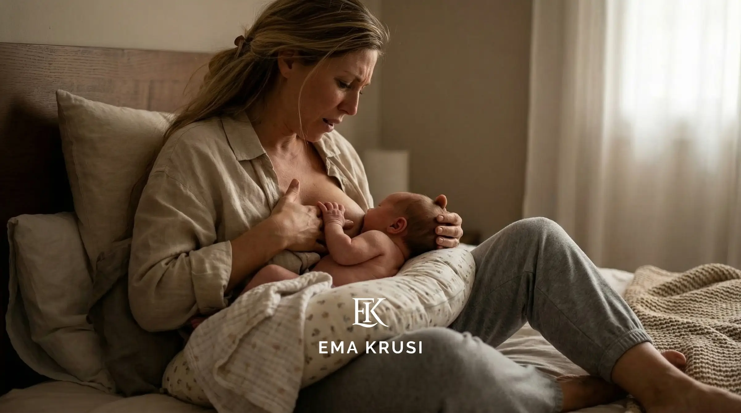 Jeune mère allaitant son bébé sur un lit, regard inquiet et fatigué, scène intime de post-partum à la maison.