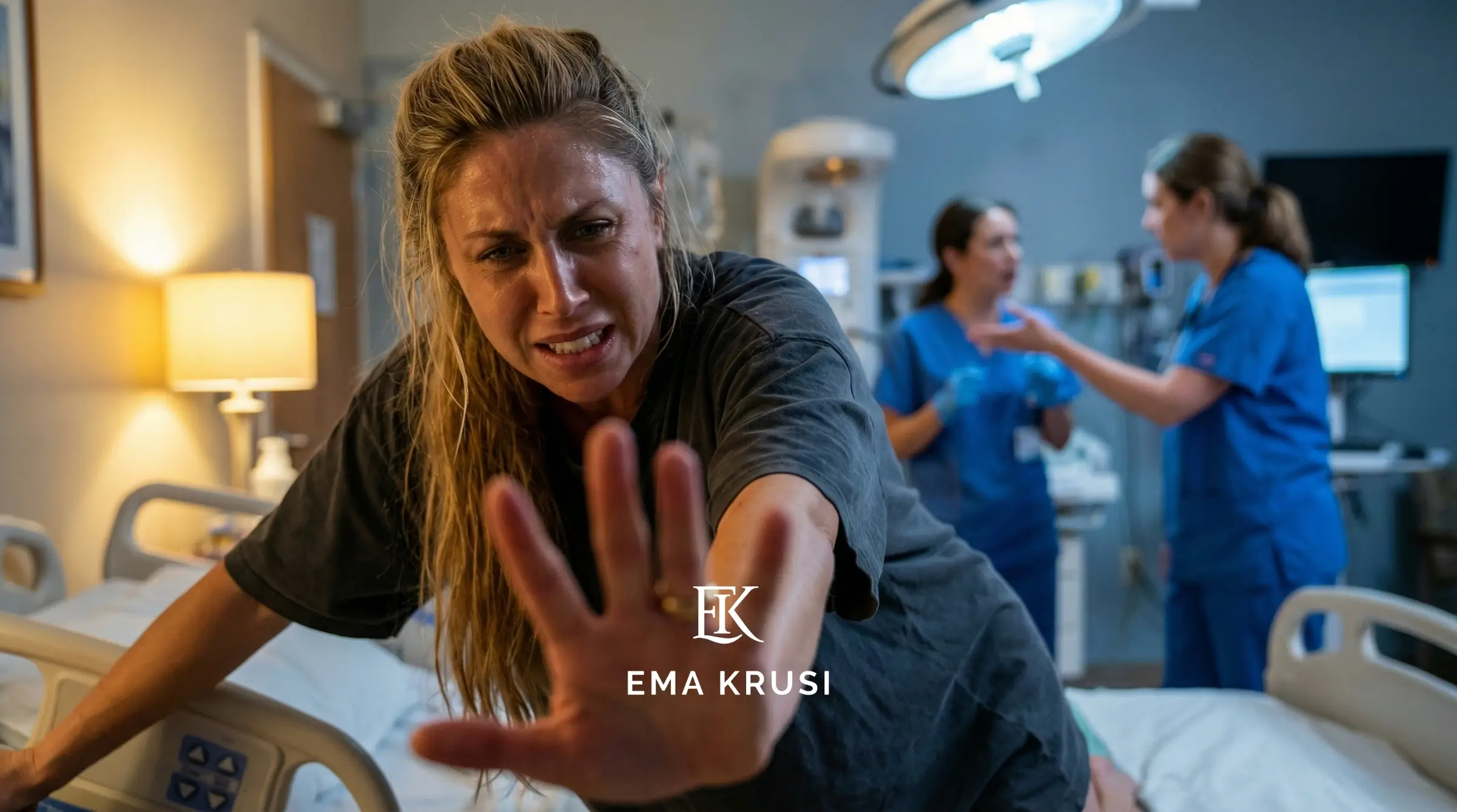 Femme en travail sur un lit d’hôpital, main tendue en signe d’arrêt, visage tendu, personnel soignant en arrière-plan. Femme en travail sur un lit d’hôpital, main tendue en signe d’arrêt, visage tendu, personnel soignant en arrière-plan.