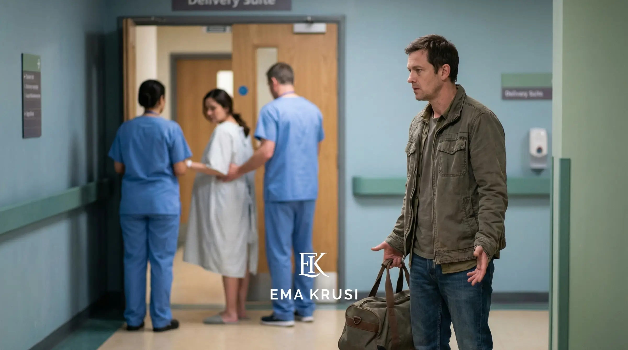 Père inquiet dans un couloir d’hôpital près de la salle d’accouchement, soignants guidant une femme en blouse vers la chambre. Père inquiet dans un couloir d’hôpital près de la salle d’accouchement, soignants guidant une femme en blouse vers la chambre.