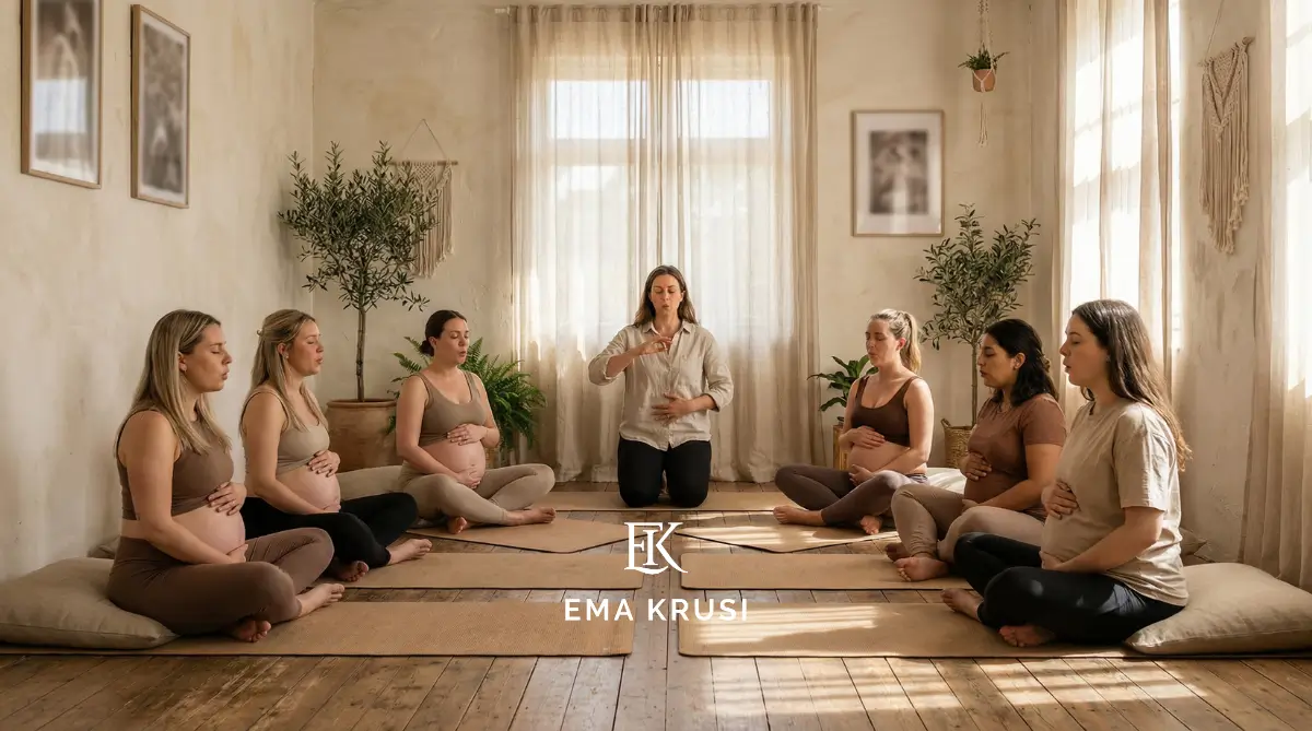 Groupe de femmes enceintes assises sur des tapis, séance de respiration guidée en cercle dans une salle lumineuse.