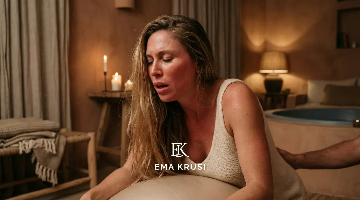 Femme en travail appuyée sur un ballon, respiration intense, dans une pièce chaleureuse avec bougies et lumière douce.