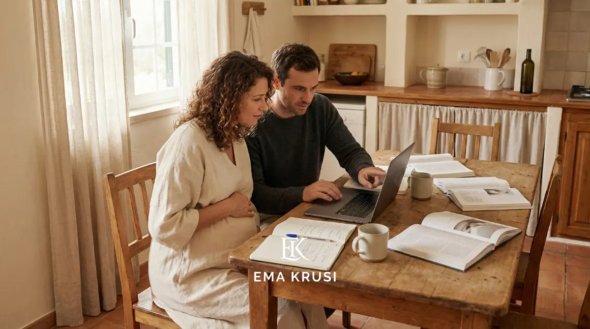 Couple attendant un bébé travaillant sur un ordinateur portable à table, livres et cahier ouverts, dans une cuisine lumineuse.