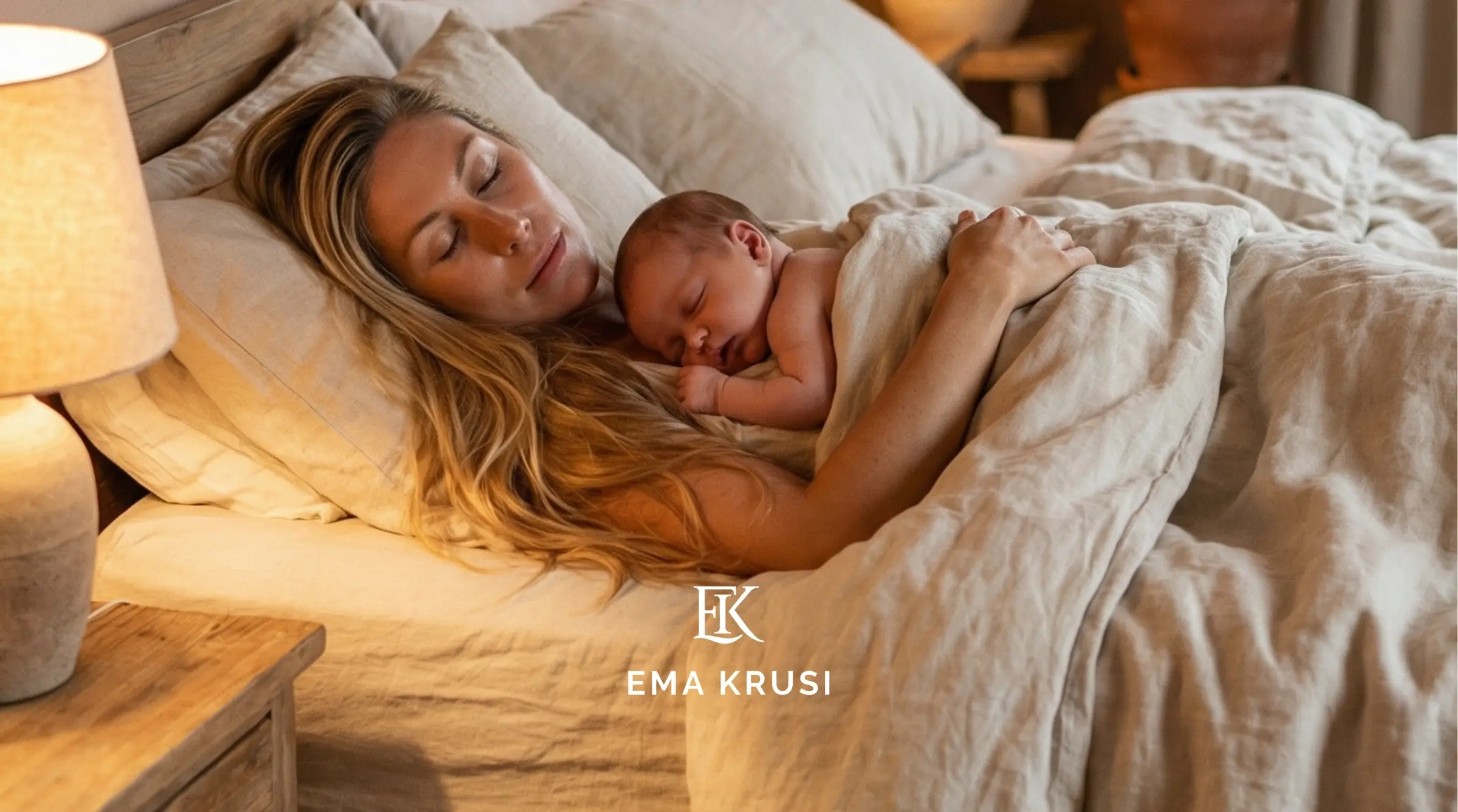 Mère allongée dans un lit avec son bébé endormi contre elle, sous une couette beige, lumière douce du soir.
