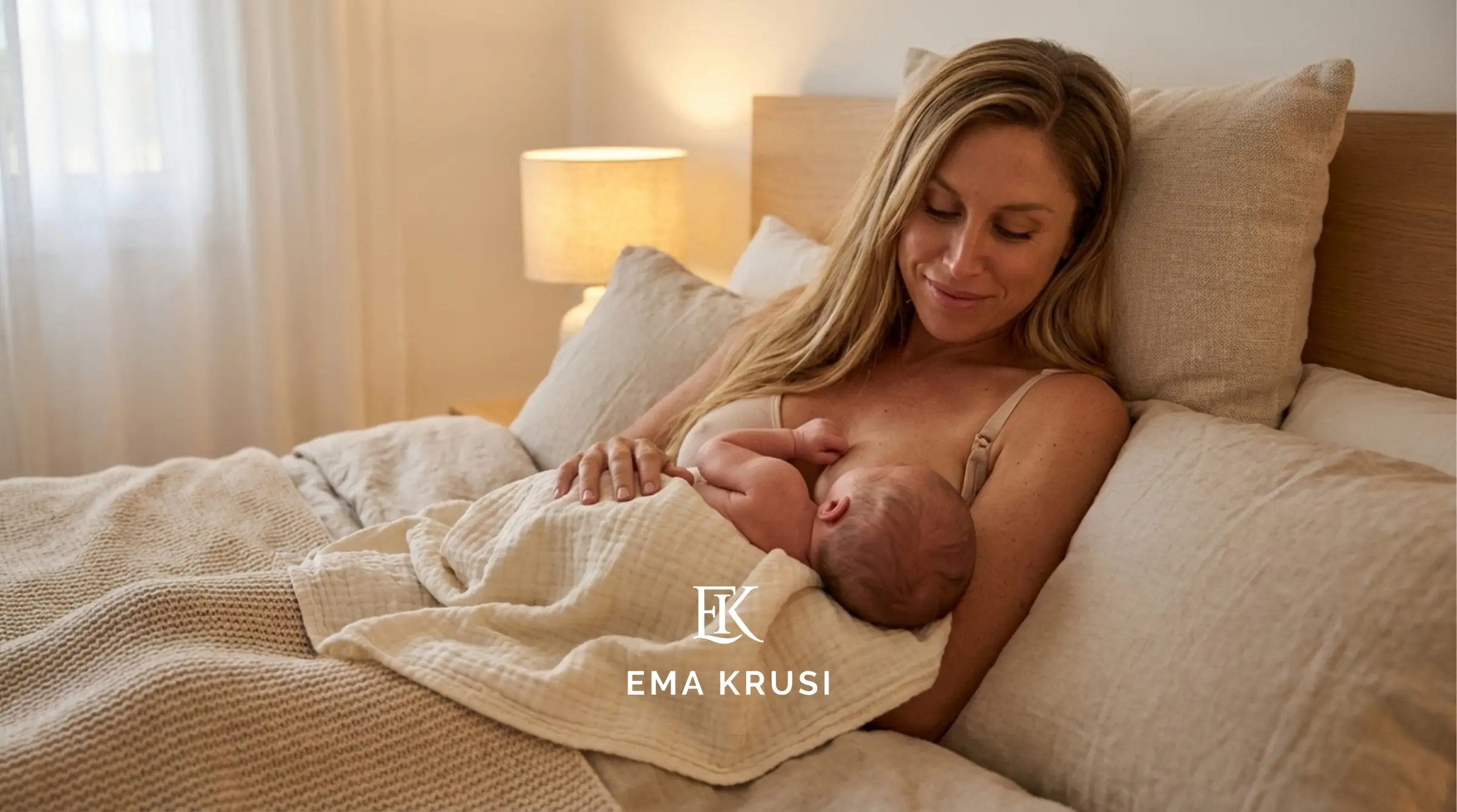 Mère allaitant son nouveau-né dans un lit, sourire tendre, ambiance cocooning avec lampe de chevet.
