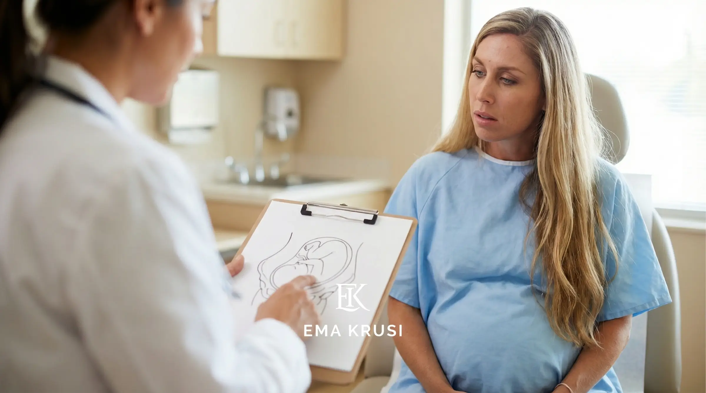 Médecin montrant un schéma de bébé in utero à une femme enceinte lors d’une consultation médicale.