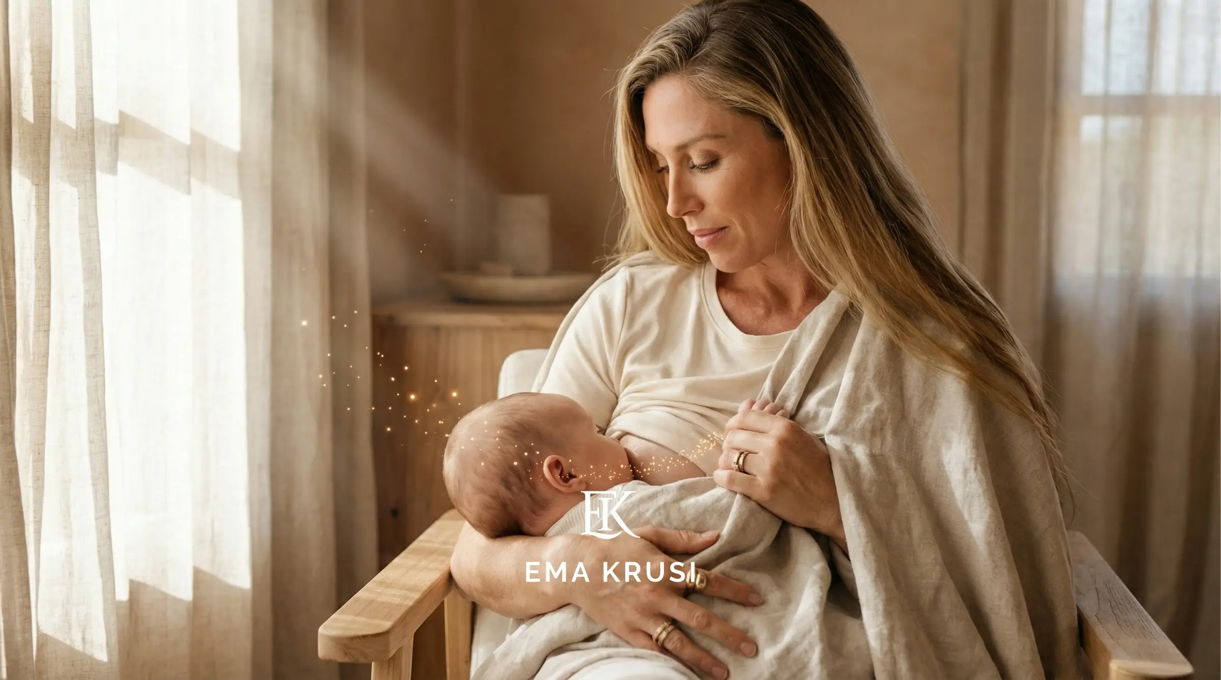 Mère allaitant son bébé dans un fauteuil près d’une fenêtre, lumière douce et ambiance chaleureuse.