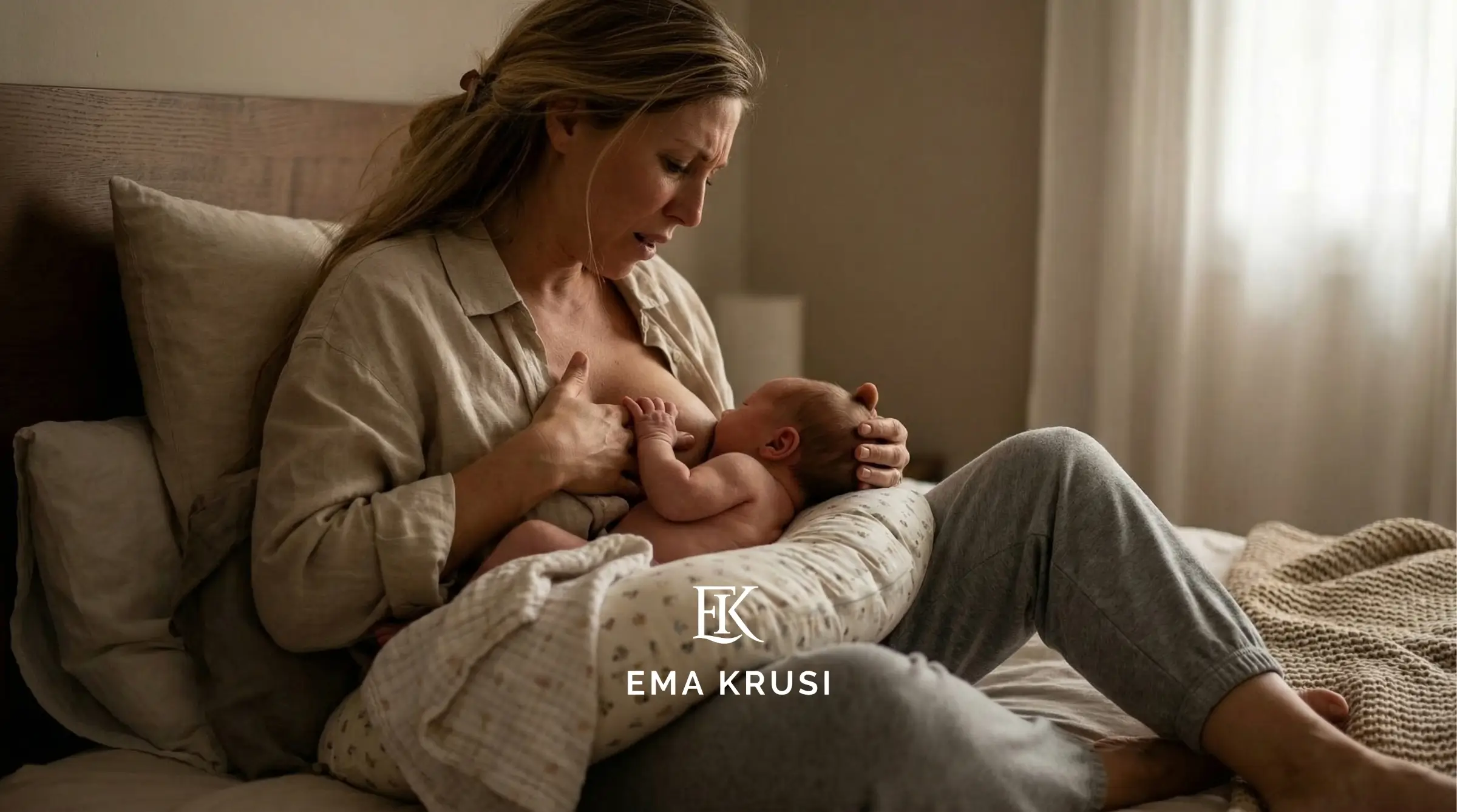 Mère assise dans un lit allaitant son nouveau-né, regard inquiet, dans une chambre au calme.
