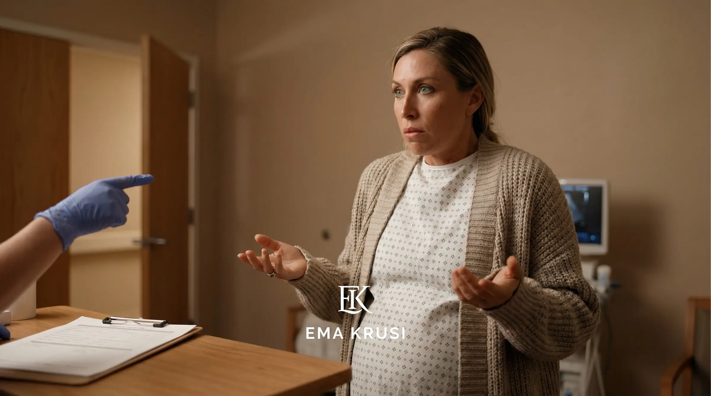 Femme enceinte en blouse d’hôpital semblant inquiète face à un soignant, dans une chambre de maternité.