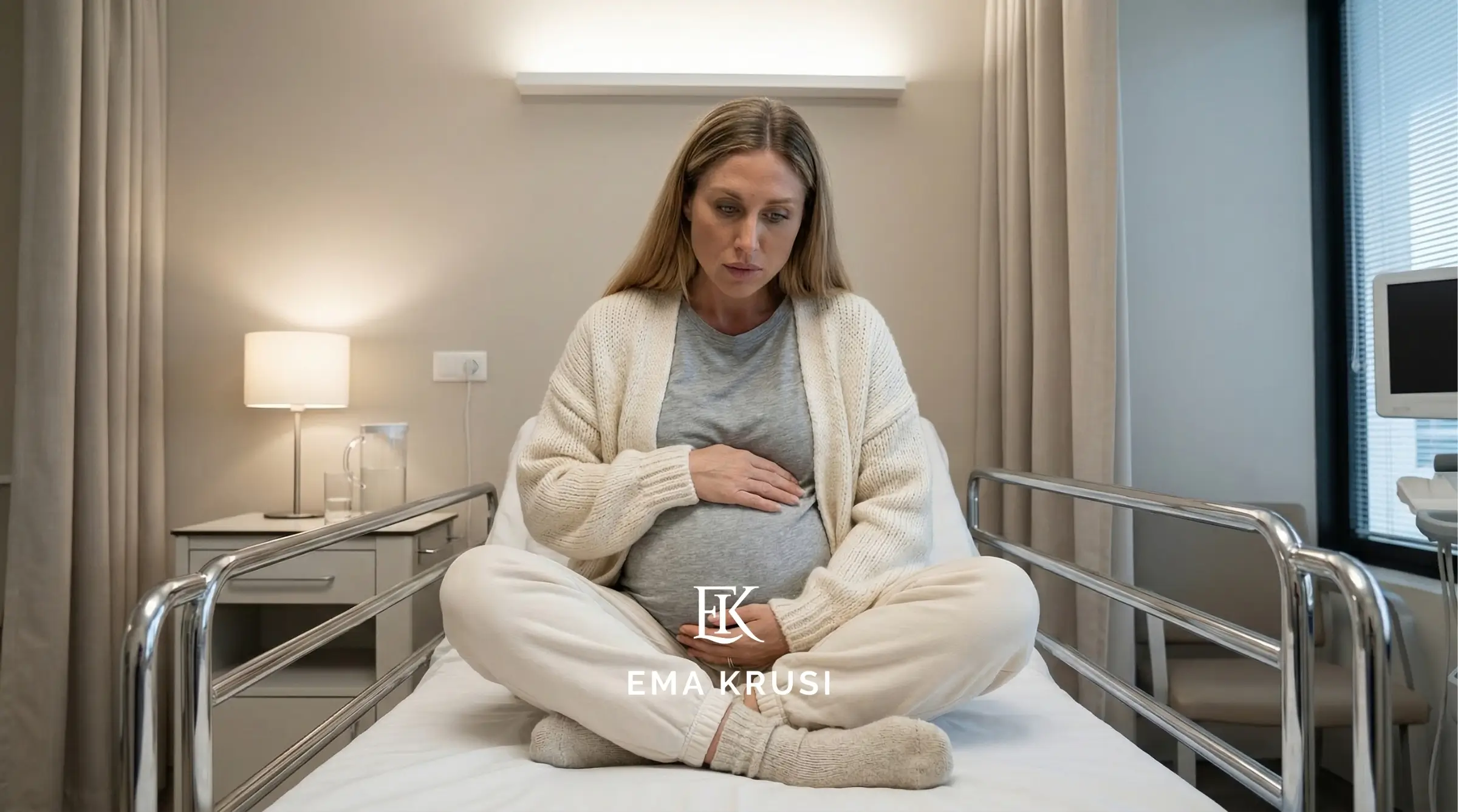 Femme enceinte assise sur un lit d’hôpital, mains sur le ventre, expression inquiète.