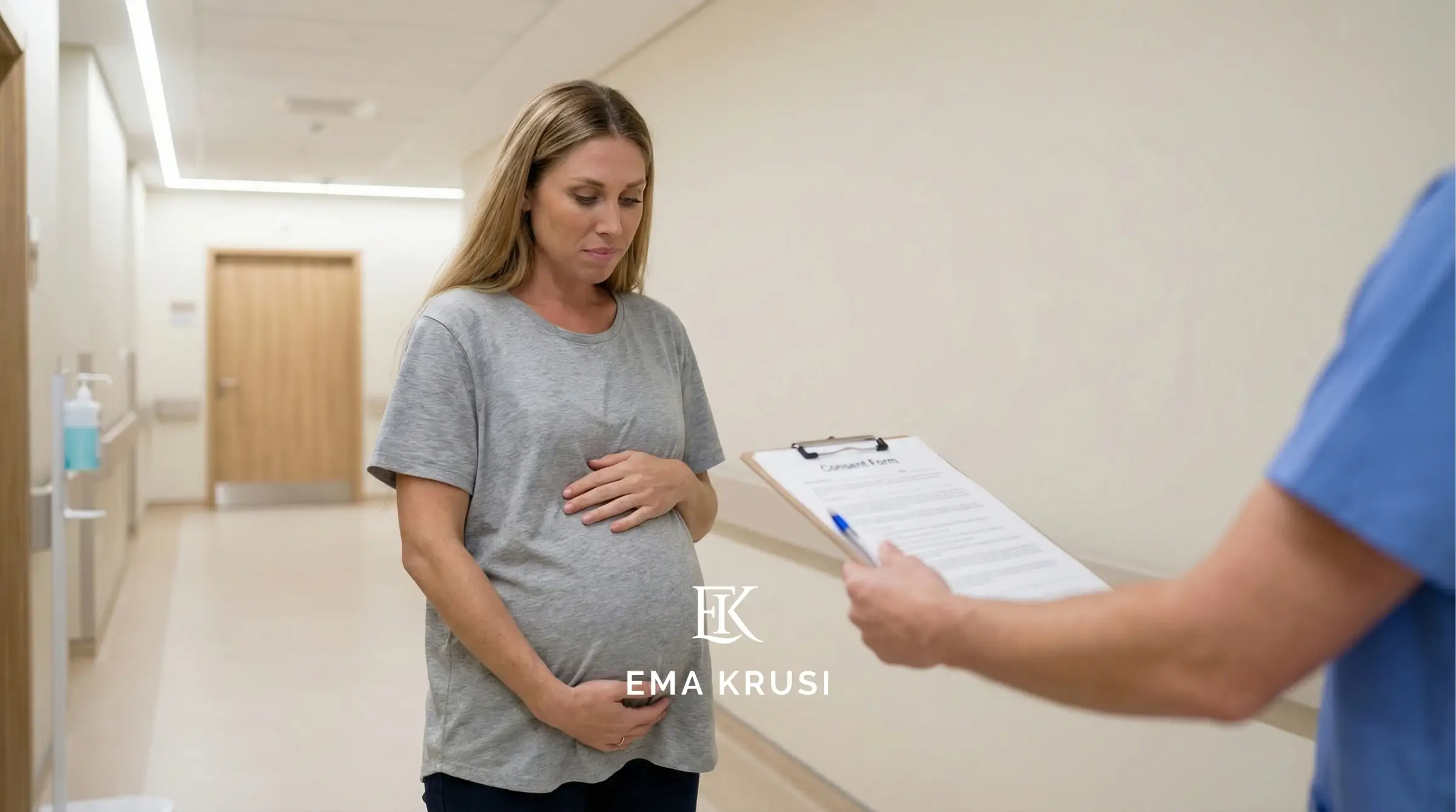 Femme enceinte dans un couloir d’hôpital lisant un formulaire de consentement présenté par un soignant.