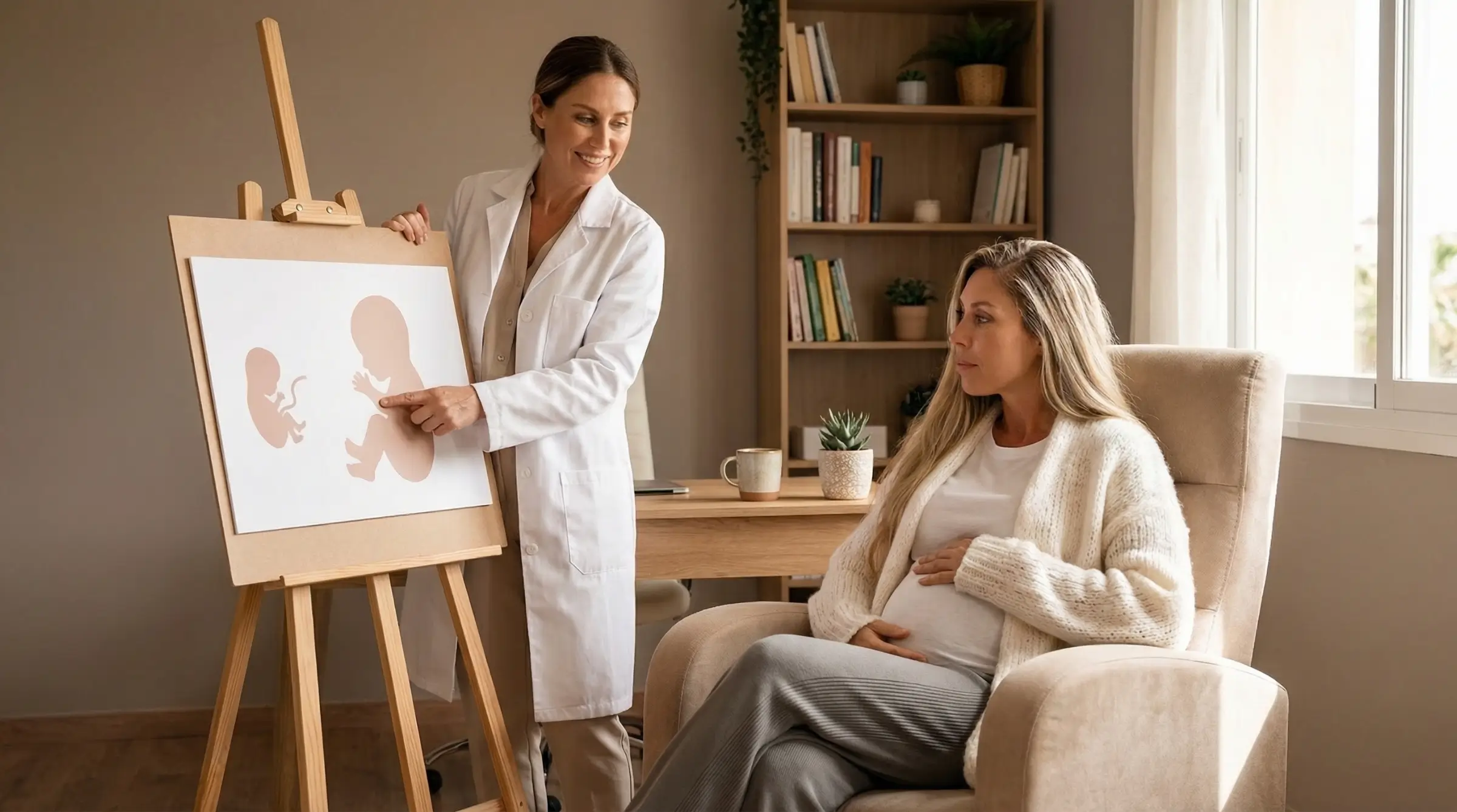 Professionnelle de santé montrant les étapes de développement du fœtus à une femme enceinte en rendez-vous prénatal.