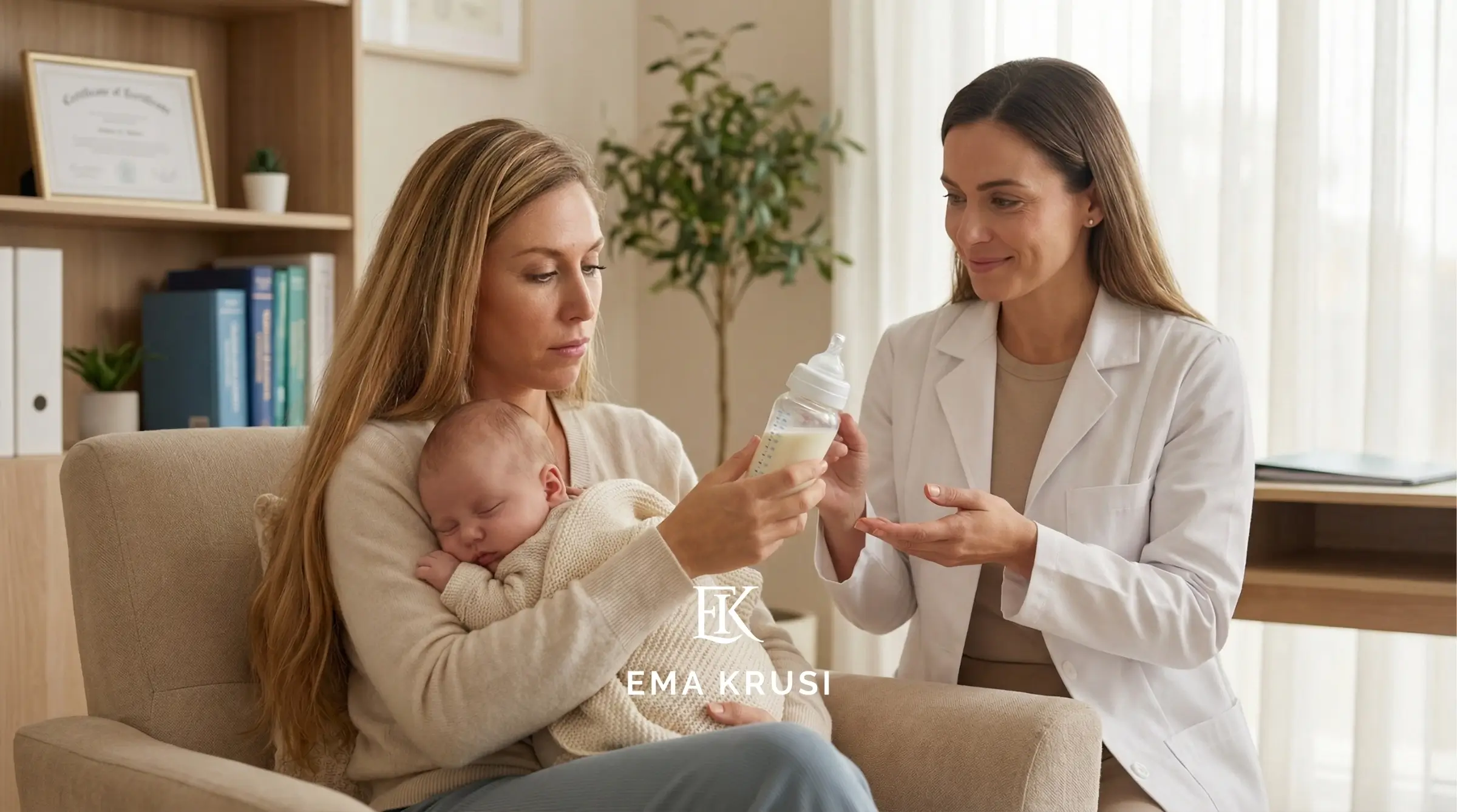 Mère avec son bébé dans les bras en cabinet médical, médecin montrant un biberon de lait lors d’une consultation.