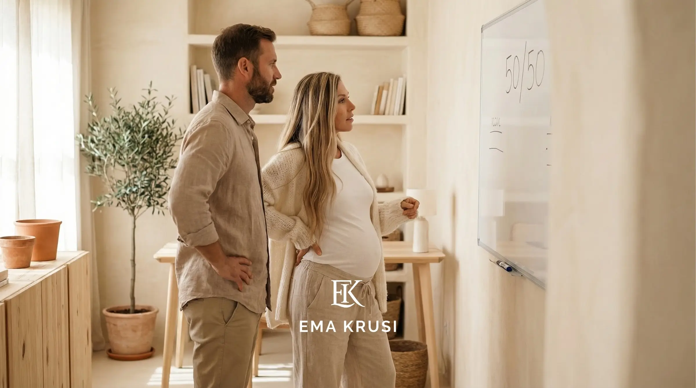 Couple attendant un bébé devant un tableau blanc avec écrit 50/50, discutant du partage des tâches à la maison.
