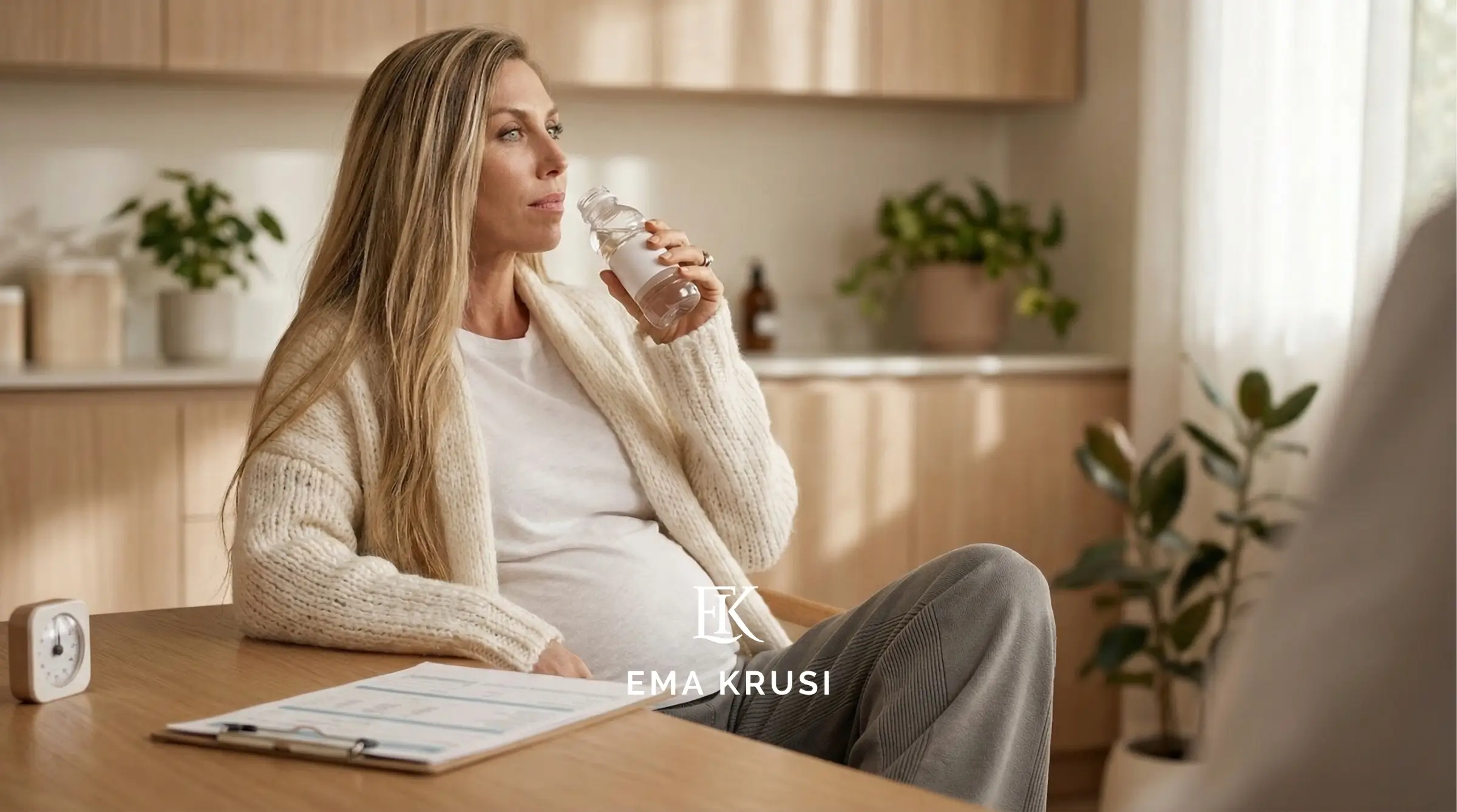 Femme enceinte buvant une boisson claire lors d’un test médical, assise à une table dans un cabinet lumineux.