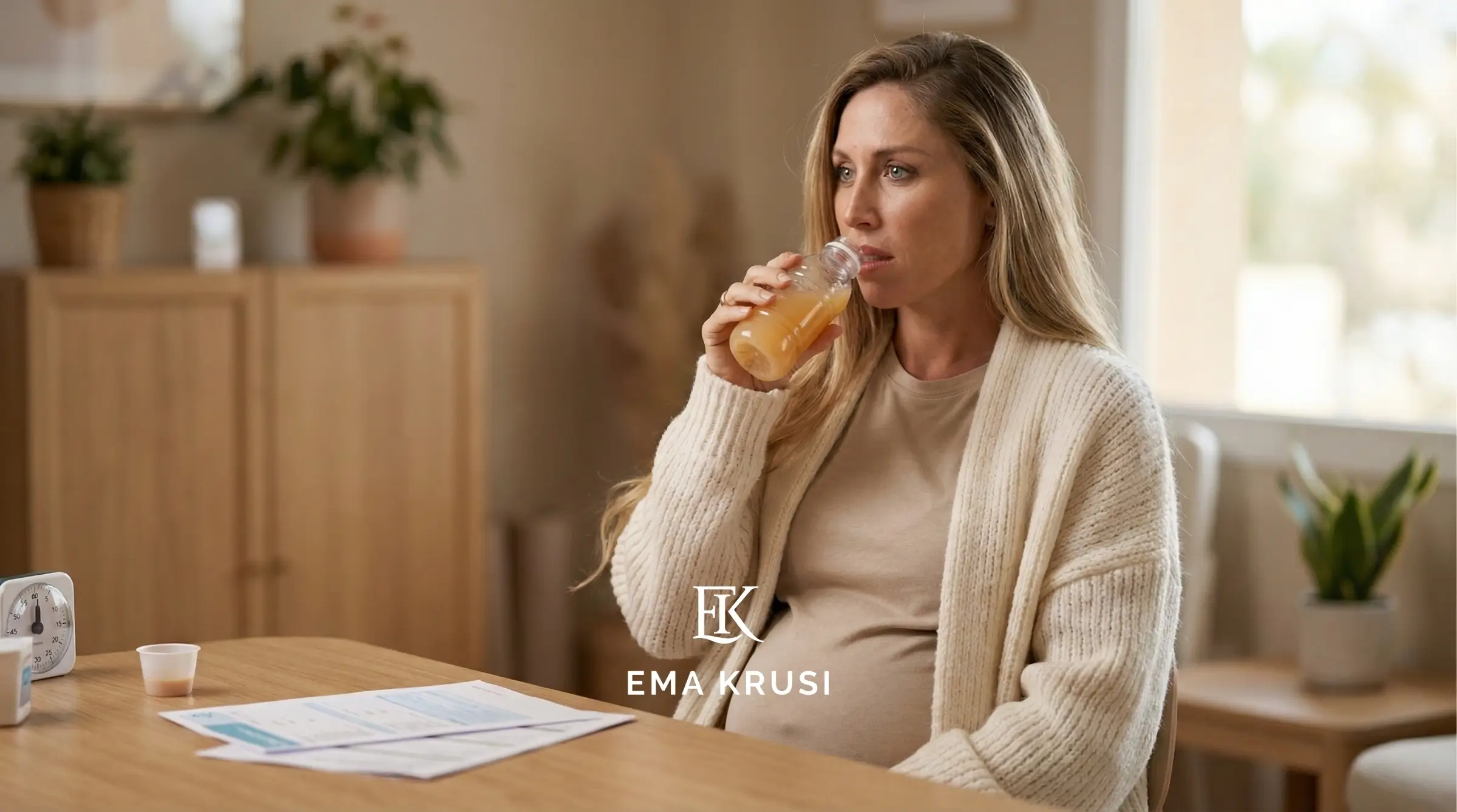 Femme enceinte buvant une boisson sucrée pendant un test de glycémie, documents posés sur la table.