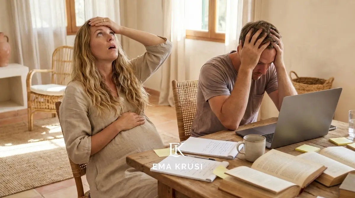 Femme enceinte et son partenaire stressés à table en préparant la naissance et le projet de naissance.