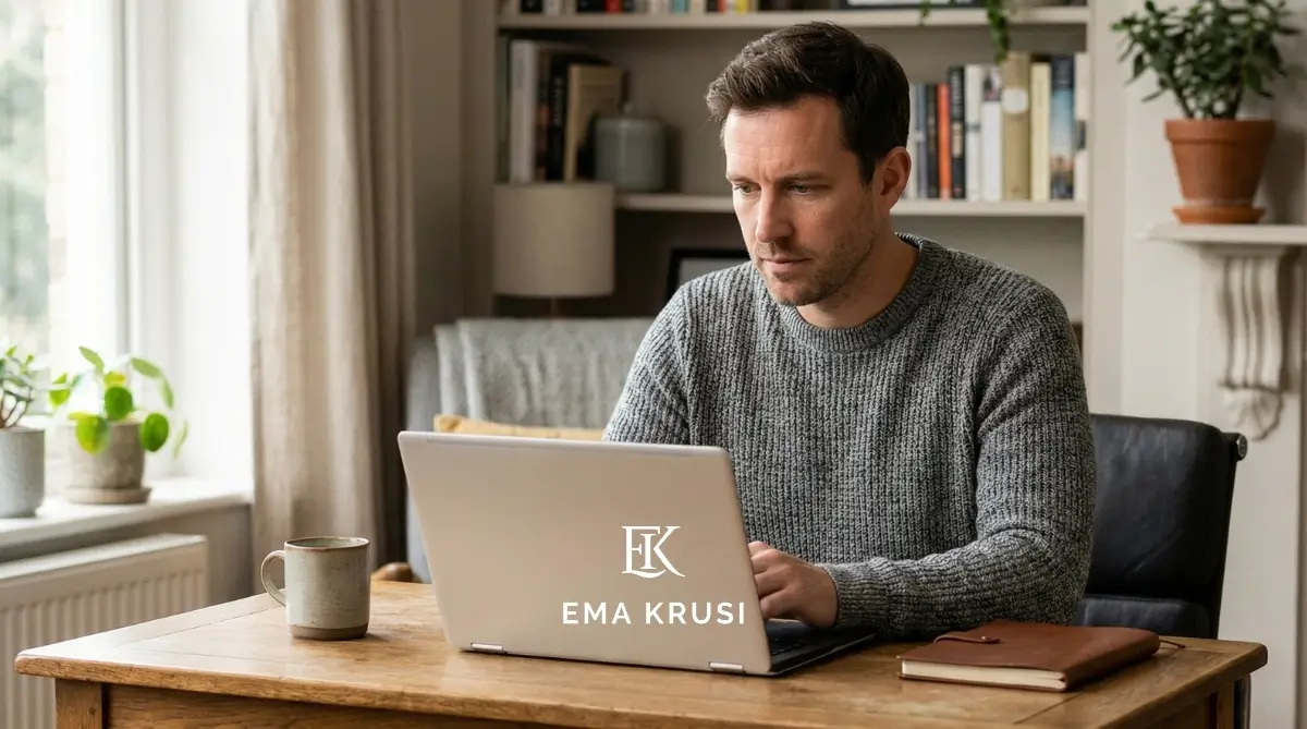 Futur père travaillant sur son ordinateur pour s’informer sur la naissance et la préparation à l’accouchement.