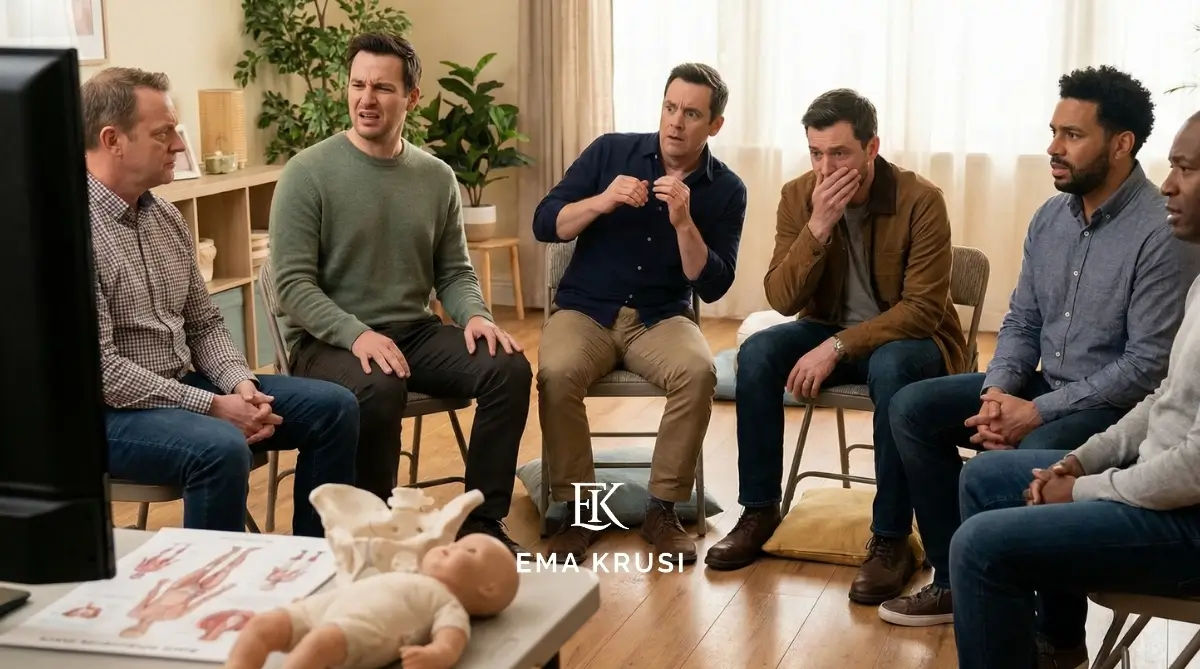 Futurs pères participant à un atelier de préparation à la naissance avec un bébé mannequin et un modèle du bassin.