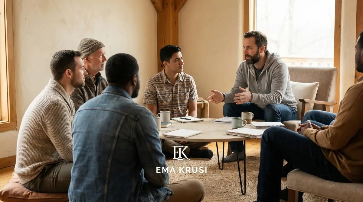 Groupe d’hommes échangeant lors d’un atelier de préparation à la paternité et au rôle du partenaire pendant l’accouchement.