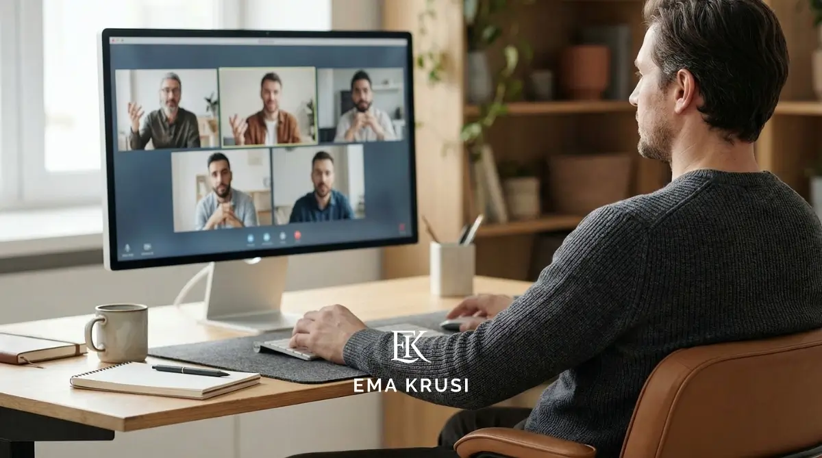 Homme participant à une réunion en ligne avec un groupe d’hommes pour discuter de paternité et préparation à la naissance.