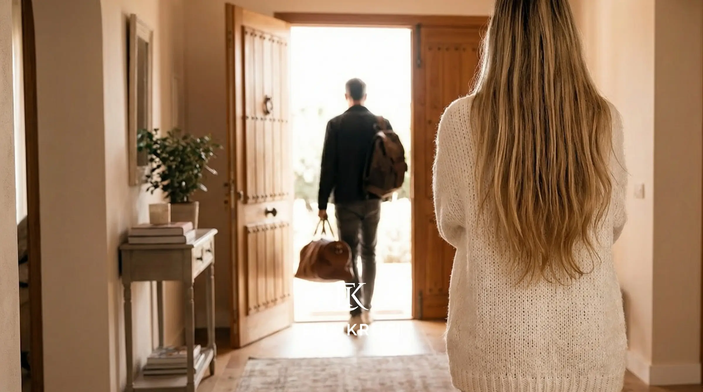 Homme quittant la maison avec un sac pendant qu’une femme enceinte regarde la scène.